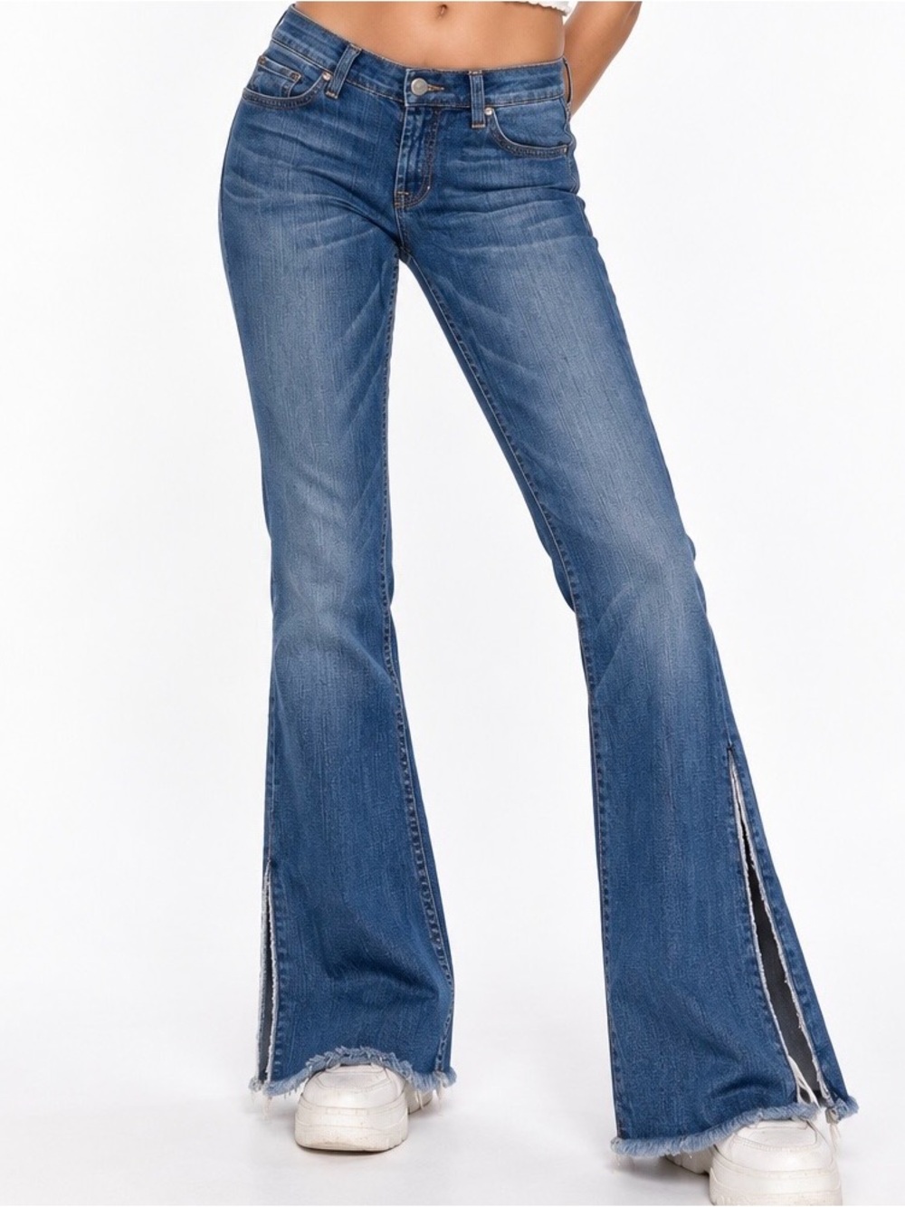 Size 29 Y2K Flare Jeans Side Slit Raw Hem Medium Wash Denim